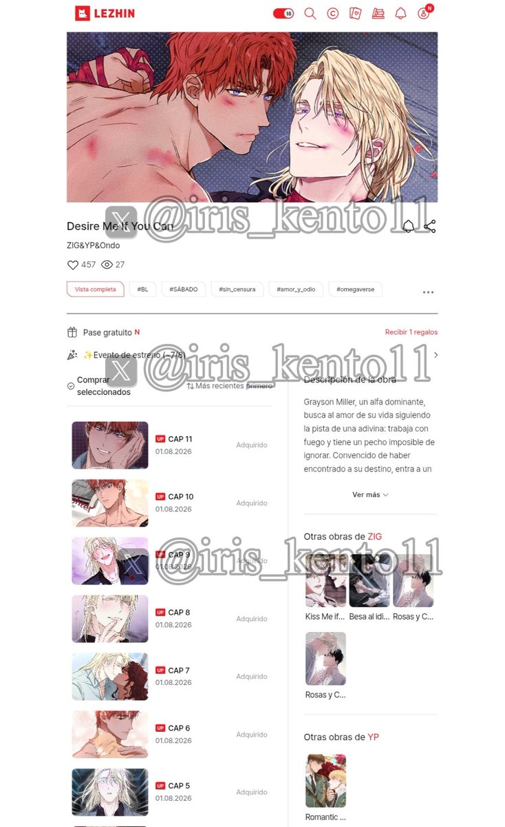 iris_kento11's tweet photo. ¡Soy muy feliz en estos momentos! 
No crean que puse una alarma o algo así para poder comprarlo 🫢
Díganle a Lezhin Es que muchas gracias, (ya me dió pena etiquetarlo tanto) 😭🙏🏻
#DesireMeIfYouCan #디자이어미이프유캔
#lezhin https://t.co/wUT4Iu4rLC