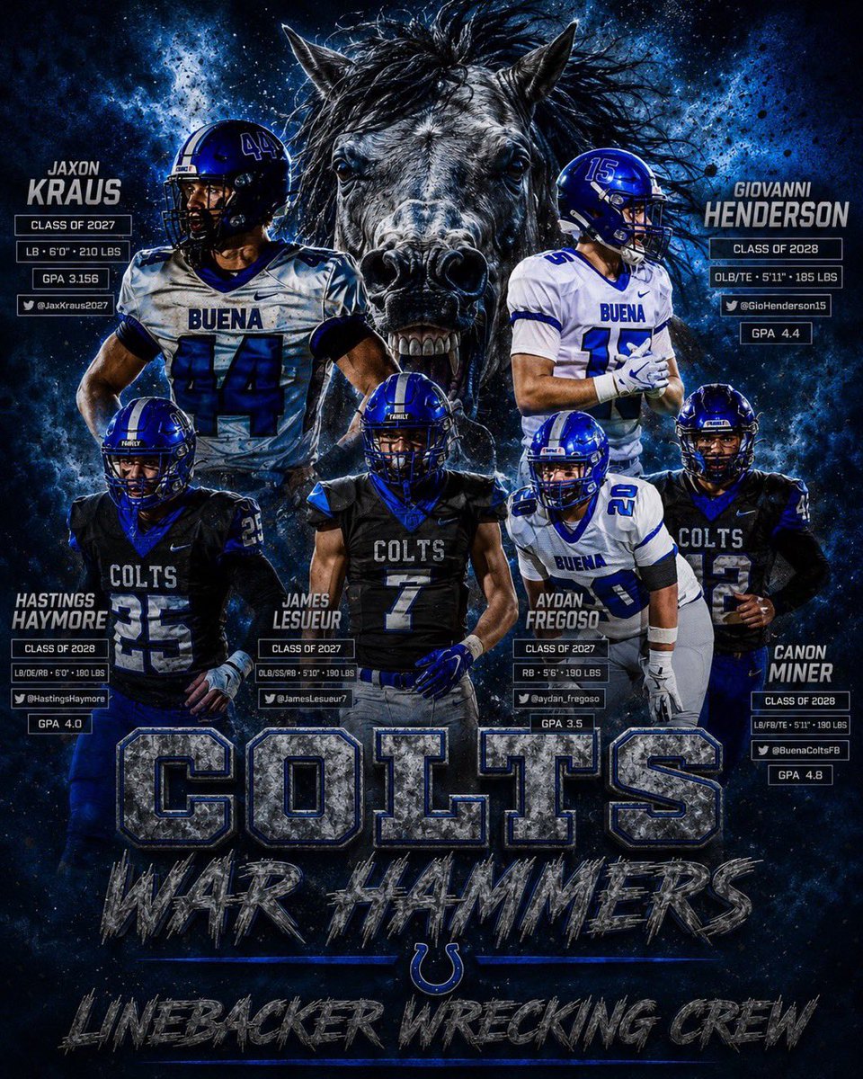 BuenaColts_LBs's tweet photo. 2026 LB WRECKING CREW    
   BUENA COLTS ARIZONA
‼️‼️‼️‼️‼️‼️‼️‼️‼️‼️‼️

COLT LB ROOM RELOADED

ILB @JaxKraus2027 
ILB @canondminer 
ILB @Aydan_Fregoso 
ILB @RileyShamas_29 
ILB @ChrisDevine_29 
ILB @Graziani2030 

OLB @JamesLesueur7 
OLB @GioHenderson15 
OLB @HastingsHaymore 
OLB @PrestonCarlisl 
OLB @DRogers2029 

Going to be dropping the HAMMER all season long

Coaches be sure to follow
LOADED WITH TALENT!

@JReyes_NP
@SunilSportsNews
@gridironarizona
@SprayberryJay
@thehonestupdate
@5StarScouting
@1purpledawg 
@realtrophaeum23
@playsbigger
@MISTER_F00TBALL
@sixstarfootball
@Dtigers6685
@Pure_Prospects
@ccprospects23
@YAthletesF
@SportswithEj
@scan1ansports
@D1recruiting76
@N_W_Sports
@RiseUp_Recruit 
@ELITE_HSFB
@USCHippie
@raj_manjrekar
@RiseUp_Recruit
@mosesk225
@DfwSho
@FBRecruitAide
@_HeadsUpRecruit
@FNStandouts
@bench424nmore
@BJMedia1
@CoaLBViking
@RecruitMatador
@nlevelsports
@whosupnext23
@CoachZackGoodFB
@DexPreps
@SchwartzAthSpot
@Top25PublicHSFB