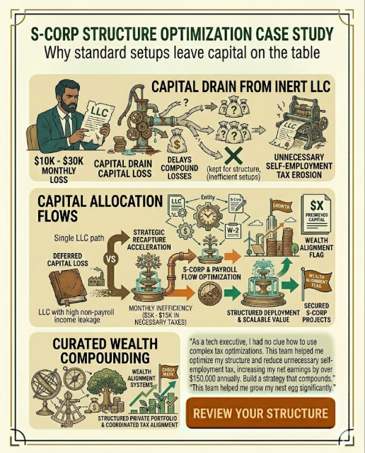 rkatta's tweet photo. Most professionals form an LLC and assume the structure is complete.

In reality, that is often only the starting point.

As income grows, entity structure becomes a critical driver of tax efficiency.

An optimized S-Corp structure may help reduce unnecessary self-employment tax exposure and improve capital retention.

When structured correctly, more income stays inside your system instead of leaking out through inefficiency.

The goal is not complexity.

The goal is alignment.