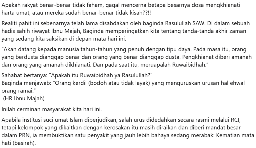 omar_sahrudin's tweet photo. RCI Tabung Haji dedah penyelewengan dana orang susah oleh BN, tapi rakyat masih beri undi besar. Bila buta hati di akhir zaman, pengkhianat terus diagungkan! https://t.co/0X2iYtRrPT