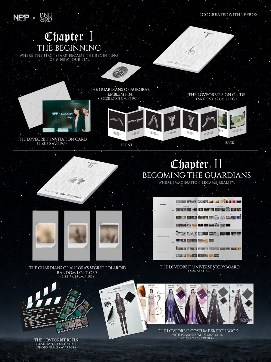 NPPBOX's tweet photo. 📍〖 COLLECTION PREVIEW 〗

#NPPxLINGORM
“LOVE CAPSULE BOX” 💜⏳📦

กล่องสะสมที่รวบรวมทุกเรื่องราว
ทุกความทรงจำ และทุกช่วงเวลา
ของการเดินทางครั้งนี้

พวกเราอยากชวนเจ้าความรักทุกคน
ย้อนกลับไปยังจุดเริ่มต้นของจักรวาล
LOVEORBIT และออกเดินทางไปพร้อม
พี่หลิง & น้องออมอีกครั้ง

ผ่าน 4 CHAPTERS ของการเดินทาง
① จุดเริ่มต้นของ LOVEORBIT
② เบื้องหลังการสร้างจักรวาล
③ ช่วงเวลาแห่งการ UNBOX
④ วันที่พวกเราทุกคนได้พบกันใน
INTO THE AURORA

ร่วมค้นพบเรื่องราวที่ไม่เคยถูกเล่ามาก่อน
และเก็บทุกบทของการเดินทางครั้งนี้
ไว้ด้วยกันนะคะ :)

————————

📍LOVE CAPSULE BOX 💜⏳📦
An Interactive Loveorbit Journey Box 

PRICE: 2,490 THB.
(1 กล่องได้ทั้ง 4 CHAPTERS)

PRE-ORDER:
🗓️ 03.08.2026 - 18.08.2026
🕙 10 AM (GMT +7)
🔗 https://t.co/ZhlqItZAah

📦 เริ่มจัดส่งภายใน
วันที่ 18 ต.ค. 2569 เป็นต้นไป 

————————

①
𝑪𝑯𝑨𝑷𝑻𝑬𝑹 𝑰
𝑇𝐻𝐸 𝐵𝐸𝐺𝐼𝑁𝑁𝐼𝑁𝐺

พาเจ้าความรักย้อนกลับไปยังจุดเริ่มต้น...
ก่อนที่ทุกการเดินทางจะเริ่มต้นขึ้น
ต้นกำเนิดของจักรวาล LOVEORBIT

• 1.1 THE LOVEORBIT
INVITATION CARD x 1 PC

• 1.2 THE LOVEORBIT
SIGN GUIDE x 1 PC

• 1.3 THE GUARDIANS OF
AURORA'S EMBLEM PIN x 1 PC

————————

②
𝑪𝑯𝑨𝑷𝑻𝑬𝑹 𝑰𝑰
𝐵𝐸𝐶𝑂𝑀𝐼𝑁𝐺 𝑇𝐻𝐸 𝐺𝑈𝐴𝑅𝐷𝐼𝐴𝑁𝑆

เบื้องหลังทุกการสร้างสรรค์
ก่อนที่ THE EARTHBOUND EMPRESS
และ THE SUNLIT GODDESS จะถือกำเนิด
เพื่อเติมเต็มจักรวาล LOVEORBIT

• 2.1 THE GUARDIANS OF AURORA’S
SECRET POLAROID x 1 PC
(RANDOM 1 OUT OF 3)

• 2.2 THE LOVEORBIT UNIVERSE 
STORYBOARD x 1 PC

• 2.3 THE LOVEORBIT REELS
(SLATE PAPER) x 1 PC

• 2.4 THE LOVEORBIT REELS
(PHOTO FILM) x 3 PCS

• 2.5 THE LOVEORBIT COSTUME
SKETCHBOOK (6 PAGES) x 1 PC

————————

③
𝑪𝑯𝑨𝑷𝑻𝑬𝑹 𝑰𝑰𝑰
𝑈𝑁𝐵𝑂𝑋𝐼𝑁𝐺 𝑇𝐻𝐸 𝐽𝑂𝑈𝑅𝑁𝐸𝑌

ลงลึกทุกดีเทลที่หล่อหลอมให้ LOVEBOX 
สมบูรณ์ เบื้องหลังการออกแบบ
และช่วงเวลาแห่งการ UNBOX ครั้งแรก
ไปพร้อมกับพี่หลิง & น้องออม

• 3.1 THE LOVEBOX DESIGN
ARCHIVE (12 PAGES) x 1 PC

• 3.2 THE GUARDIANS OF AURORA’S
UNBOXING GLOVES x 1 PC

————————

④
𝑪𝑯𝑨𝑷𝑻𝑬𝑹 𝑰𝑽
𝐼𝑁𝑇𝑂 𝑇𝐻𝐸 𝐴𝑈𝑅𝑂𝑅𝐴

ย้อนกลับไปสัมผัสทุกช่วงเวลาของ
INTO THE AURORA DAY ผ่านรูปถ่าย
เรื่องราว และความทรงจำที่ถูกรวบรวม
ไว้ในบทสุดท้ายของการเดินทาง

• 4.1 THE GUARDIANS OF
AURORA’S POSTER x 1 PC

• 4.2 INTO THE AURORA PHOTO
JOURNAL (72 PAGES) x 1 PC

• 4.3 INTO THE AURORA
LOST WORD x 1 PC

• 4.4 INTO THE AURORA
WRISTBANDS x 3 PCS

• 4.5 INTO THE AURORA
FRAGMENTS x 2 PCS

• 4.6 INTO THE AURORA
LETTERS x 1 PC

————————

*All designs showcased
in this collection are exclusively
co-created by #LingOrm

#NPP_LOVEORBIT
#NPPBOX #หลิงออม
#COCREATEDWITHNPPBOX