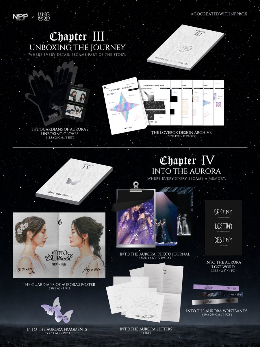 NPPBOX's tweet photo. 📍〖 COLLECTION PREVIEW 〗

#NPPxLINGORM
“LOVE CAPSULE BOX” 💜⏳📦

กล่องสะสมที่รวบรวมทุกเรื่องราว
ทุกความทรงจำ และทุกช่วงเวลา
ของการเดินทางครั้งนี้

พวกเราอยากชวนเจ้าความรักทุกคน
ย้อนกลับไปยังจุดเริ่มต้นของจักรวาล
LOVEORBIT และออกเดินทางไปพร้อม
พี่หลิง & น้องออมอีกครั้ง

ผ่าน 4 CHAPTERS ของการเดินทาง
① จุดเริ่มต้นของ LOVEORBIT
② เบื้องหลังการสร้างจักรวาล
③ ช่วงเวลาแห่งการ UNBOX
④ วันที่พวกเราทุกคนได้พบกันใน
INTO THE AURORA

ร่วมค้นพบเรื่องราวที่ไม่เคยถูกเล่ามาก่อน
และเก็บทุกบทของการเดินทางครั้งนี้
ไว้ด้วยกันนะคะ :)

————————

📍LOVE CAPSULE BOX 💜⏳📦
An Interactive Loveorbit Journey Box 

PRICE: 2,490 THB.
(1 กล่องได้ทั้ง 4 CHAPTERS)

PRE-ORDER:
🗓️ 03.08.2026 - 18.08.2026
🕙 10 AM (GMT +7)
🔗 https://t.co/ZhlqItZAah

📦 เริ่มจัดส่งภายใน
วันที่ 18 ต.ค. 2569 เป็นต้นไป 

————————

①
𝑪𝑯𝑨𝑷𝑻𝑬𝑹 𝑰
𝑇𝐻𝐸 𝐵𝐸𝐺𝐼𝑁𝑁𝐼𝑁𝐺

พาเจ้าความรักย้อนกลับไปยังจุดเริ่มต้น...
ก่อนที่ทุกการเดินทางจะเริ่มต้นขึ้น
ต้นกำเนิดของจักรวาล LOVEORBIT

• 1.1 THE LOVEORBIT
INVITATION CARD x 1 PC

• 1.2 THE LOVEORBIT
SIGN GUIDE x 1 PC

• 1.3 THE GUARDIANS OF
AURORA'S EMBLEM PIN x 1 PC

————————

②
𝑪𝑯𝑨𝑷𝑻𝑬𝑹 𝑰𝑰
𝐵𝐸𝐶𝑂𝑀𝐼𝑁𝐺 𝑇𝐻𝐸 𝐺𝑈𝐴𝑅𝐷𝐼𝐴𝑁𝑆

เบื้องหลังทุกการสร้างสรรค์
ก่อนที่ THE EARTHBOUND EMPRESS
และ THE SUNLIT GODDESS จะถือกำเนิด
เพื่อเติมเต็มจักรวาล LOVEORBIT

• 2.1 THE GUARDIANS OF AURORA’S
SECRET POLAROID x 1 PC
(RANDOM 1 OUT OF 3)

• 2.2 THE LOVEORBIT UNIVERSE 
STORYBOARD x 1 PC

• 2.3 THE LOVEORBIT REELS
(SLATE PAPER) x 1 PC

• 2.4 THE LOVEORBIT REELS
(PHOTO FILM) x 3 PCS

• 2.5 THE LOVEORBIT COSTUME
SKETCHBOOK (6 PAGES) x 1 PC

————————

③
𝑪𝑯𝑨𝑷𝑻𝑬𝑹 𝑰𝑰𝑰
𝑈𝑁𝐵𝑂𝑋𝐼𝑁𝐺 𝑇𝐻𝐸 𝐽𝑂𝑈𝑅𝑁𝐸𝑌

ลงลึกทุกดีเทลที่หล่อหลอมให้ LOVEBOX 
สมบูรณ์ เบื้องหลังการออกแบบ
และช่วงเวลาแห่งการ UNBOX ครั้งแรก
ไปพร้อมกับพี่หลิง & น้องออม

• 3.1 THE LOVEBOX DESIGN
ARCHIVE (12 PAGES) x 1 PC

• 3.2 THE GUARDIANS OF AURORA’S
UNBOXING GLOVES x 1 PC

————————

④
𝑪𝑯𝑨𝑷𝑻𝑬𝑹 𝑰𝑽
𝐼𝑁𝑇𝑂 𝑇𝐻𝐸 𝐴𝑈𝑅𝑂𝑅𝐴

ย้อนกลับไปสัมผัสทุกช่วงเวลาของ
INTO THE AURORA DAY ผ่านรูปถ่าย
เรื่องราว และความทรงจำที่ถูกรวบรวม
ไว้ในบทสุดท้ายของการเดินทาง

• 4.1 THE GUARDIANS OF
AURORA’S POSTER x 1 PC

• 4.2 INTO THE AURORA PHOTO
JOURNAL (72 PAGES) x 1 PC

• 4.3 INTO THE AURORA
LOST WORD x 1 PC

• 4.4 INTO THE AURORA
WRISTBANDS x 3 PCS

• 4.5 INTO THE AURORA
FRAGMENTS x 2 PCS

• 4.6 INTO THE AURORA
LETTERS x 1 PC

————————

*All designs showcased
in this collection are exclusively
co-created by #LingOrm

#NPP_LOVEORBIT
#NPPBOX #หลิงออม
#COCREATEDWITHNPPBOX