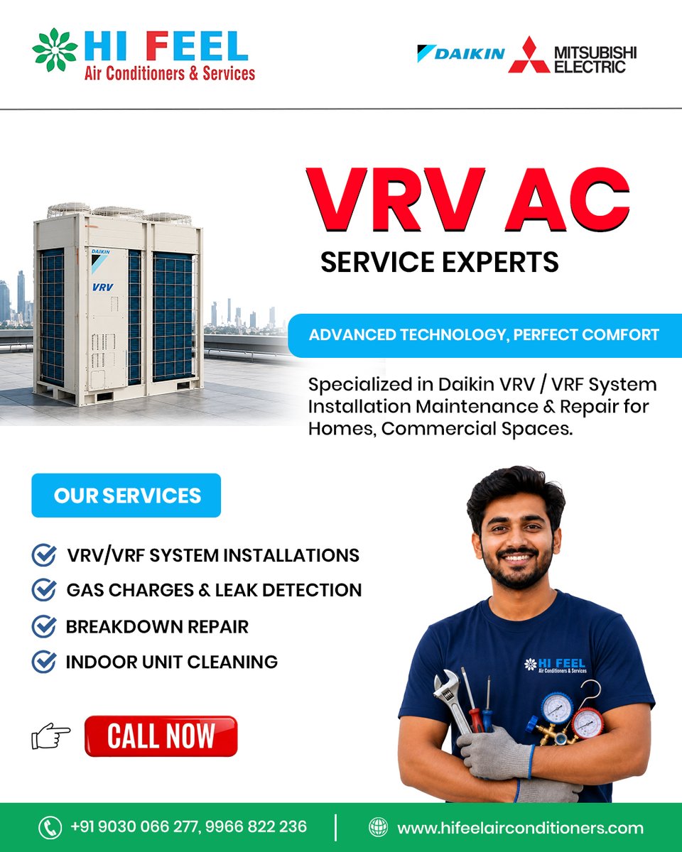 air_hi50719's tweet photo. ❄️ HI FEEL – Experience smart, energy-efficient cooling with Daikin VRV Inverter Technology—perfect for homes, offices, commercial spaces, and more.
📞 90300 66277 | 99668 22236
🌐 https://t.co/SxJhxhnFH5
#HVAC #VRF #AirConditioning #HVACServices #ACInstallation #Cooling https://t.co/paCzqzoP46