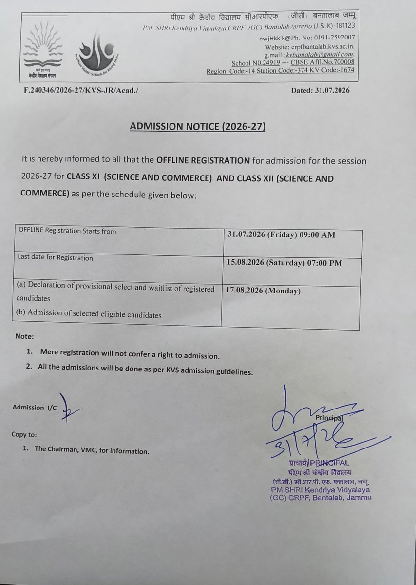 KBantalab's tweet photo. Admissions Open!
PM SHRI KV GC CRPF Bantalab invites offline registrations for Class XI &amp; XII (Science &amp; Commerce) for the academic session 2026–27.
🗓️ Registration: 31 July – 15 August 2026
Visit the Vidyalaya for registration as per KVS guidelines. https://t.co/hibN4Qxdb3
