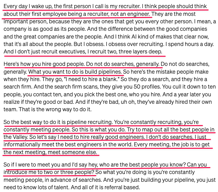 sajithpai's tweet photo. Pure gold from @bchesky on the @colossusmag @InvestLikeBest pod.

1/ 1st employee should be recruiter
2/ 1st person he calls is the recruiter
3/ how to hire: create pipelines; dont run searches https://t.co/i6lU6gEZHz