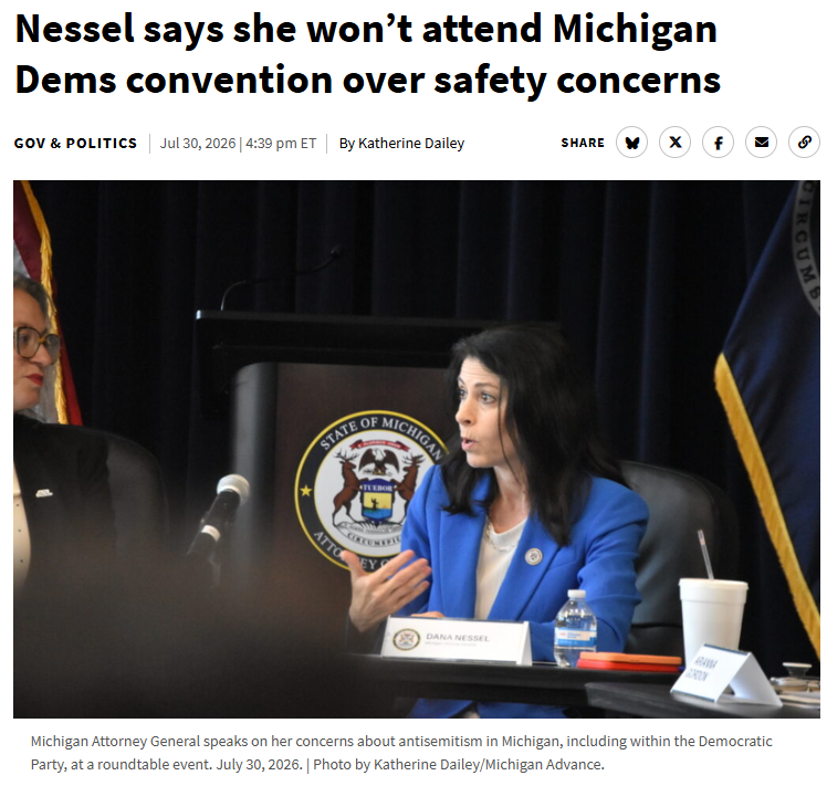 ShawnEni's tweet photo. Michigan AG Dana Nessel will skip the August 29 Michigan Democratic convention because she expects to be chased, harassed, screamed at and booed.

She is gay, Jewish and a woman. Normally that would earn her the full intersectional oppression package, but guess what attribute voids the points.
