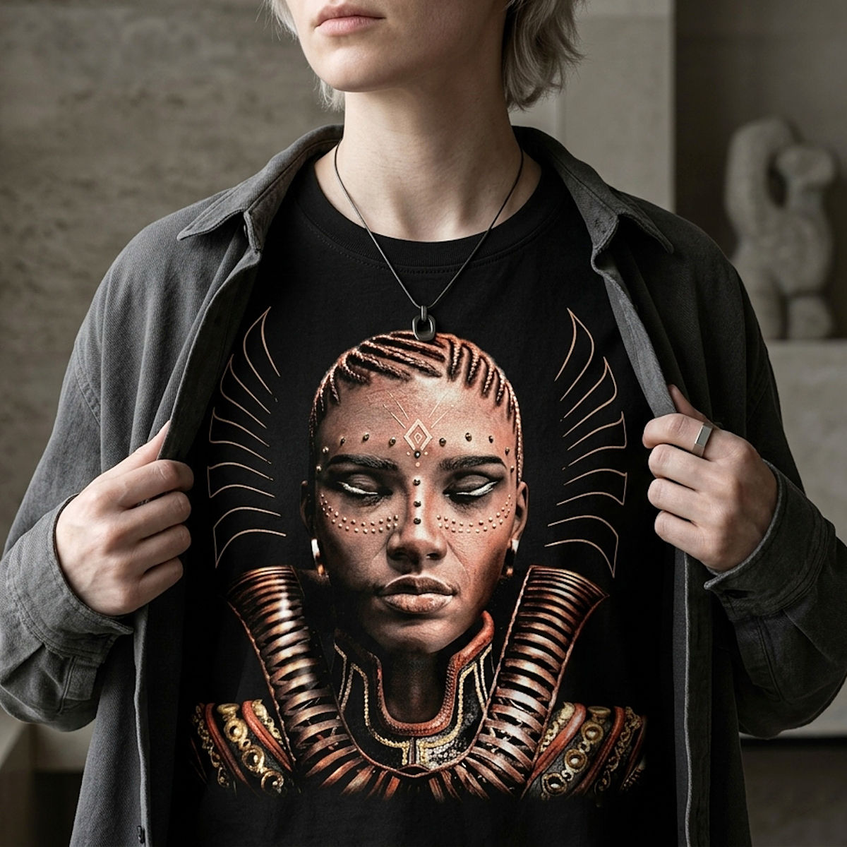 WarriorQueens_'s tweet photo. A T-shirt leaves little room for distraction.

Its simple form makes scale, placement, fabric, and the portrait itself more visible.

Here, the artwork is not an added detail. It becomes the centre of the garment. https://t.co/7HJXCSzaeB