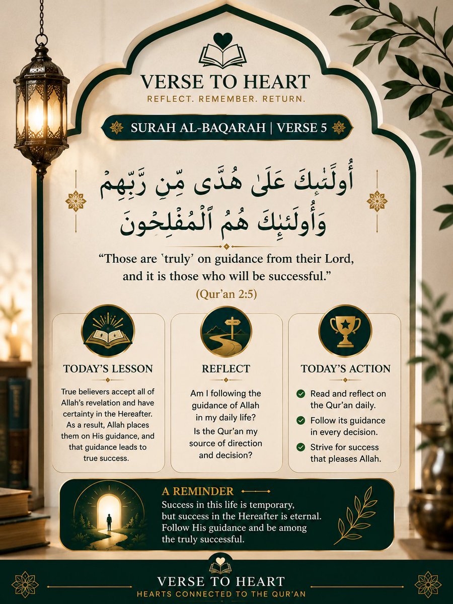 VersetoHeart's tweet photo. Surah Al-Baqarah | Verse 5

“Those are upon ˹true˺ guidance from their Lord, and it is they who will be successful.” (Qur’an 2:5)

Success in the sight of Allah isn’t measured by wealth or status—it’s measured by following His guidance.

When you follow the Qur’an, you’re already on the path to true success.

 Before making a decision today, ask yourself: “Does this bring me closer to Allah’s guidance?”

#VerseToHeart #Quran #Tadabbur