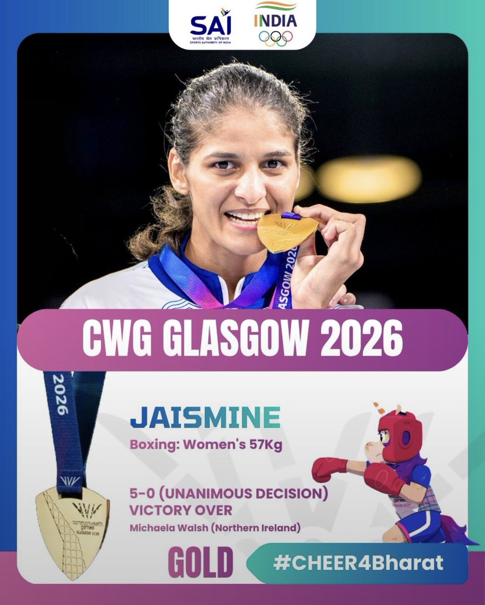 HardeepSPuri's tweet photo. Another medal, another moment of pride! 🥊🥇
India’s Jaismine clinched Gold in the Women’s 57kg boxing event at the Commonwealth Games 2026 with a commanding performance marked by her sharp combinations, superior movement and clean punching. 

Congratulations, Jaismine! May you continue to punch your way to even greater glory. Proud of you!