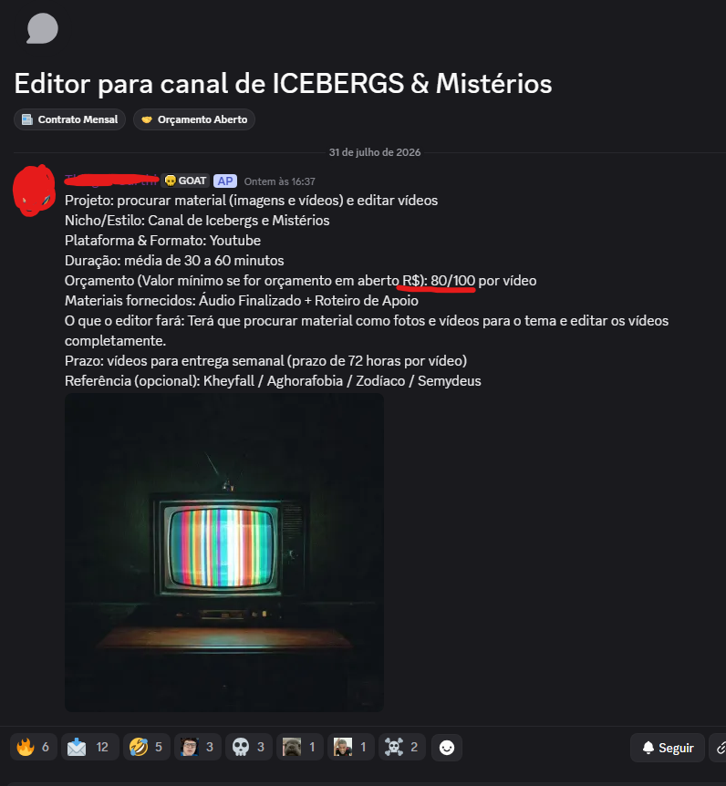 FelipeRsaah's tweet photo. Me da um desanimo olhar vaga de edição de web doc (duração 30m+) com um orçamento de R$ 100...
Inacreditável umas paradas dessas. https://t.co/ohOCV2CDYF