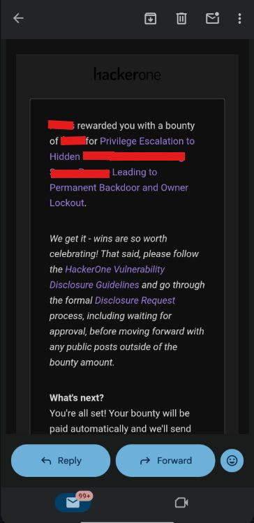 0xHun73r's tweet photo. Just got awarded a bounty on HackerOne for a critical privilege escalation bug I found

#BugBounty #HackerOne #CyberSecurity #InfoSec https://t.co/XPh7rd7zfl