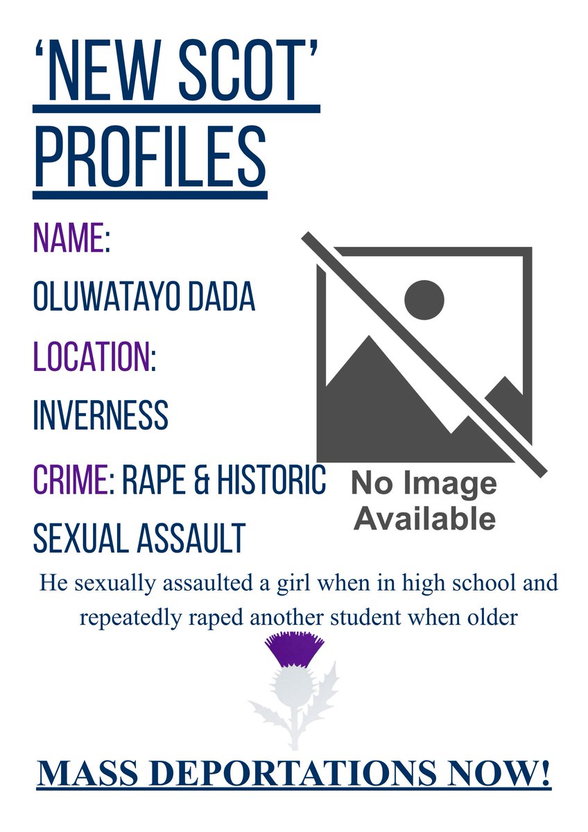 NewScotProfiles's tweet photo. 'New Scots' Profiles: Oluwatayo Baba convicted of rape and historic sexual assault in Inverness.

In high school he sexually assaulted a girl he shared a desk with in a class.

Years later he went on to repeatedly rape another female student at his flat. She repeatedly told him no.

We need Mass Deportations Now!