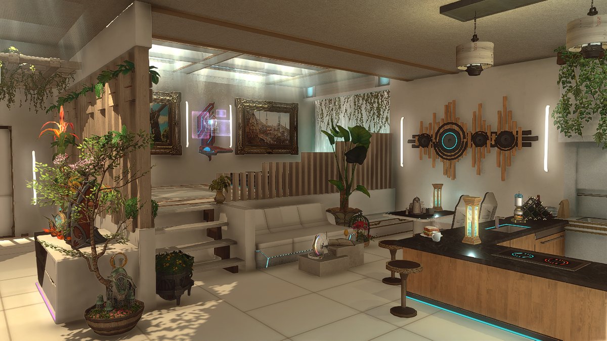 ToWoKo's tweet photo. Its been ages since my last design but alas I come bearing a Solapurnk inspired redesign of my FC house! #ffxiv #ffxivhousing #ff14 #ff14housing (1/2) https://t.co/PmxP6SC23v