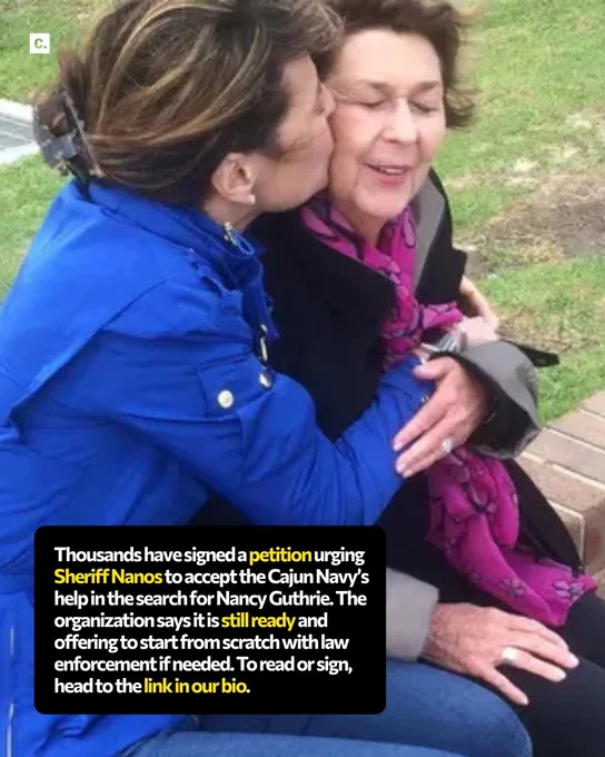 Woman in blue jacket kisses another woman on the cheek with petition text overlay.