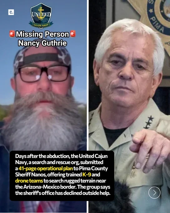 Two men, one with a long beard and glasses, and another in a uniform pointing, with text about a missing person.