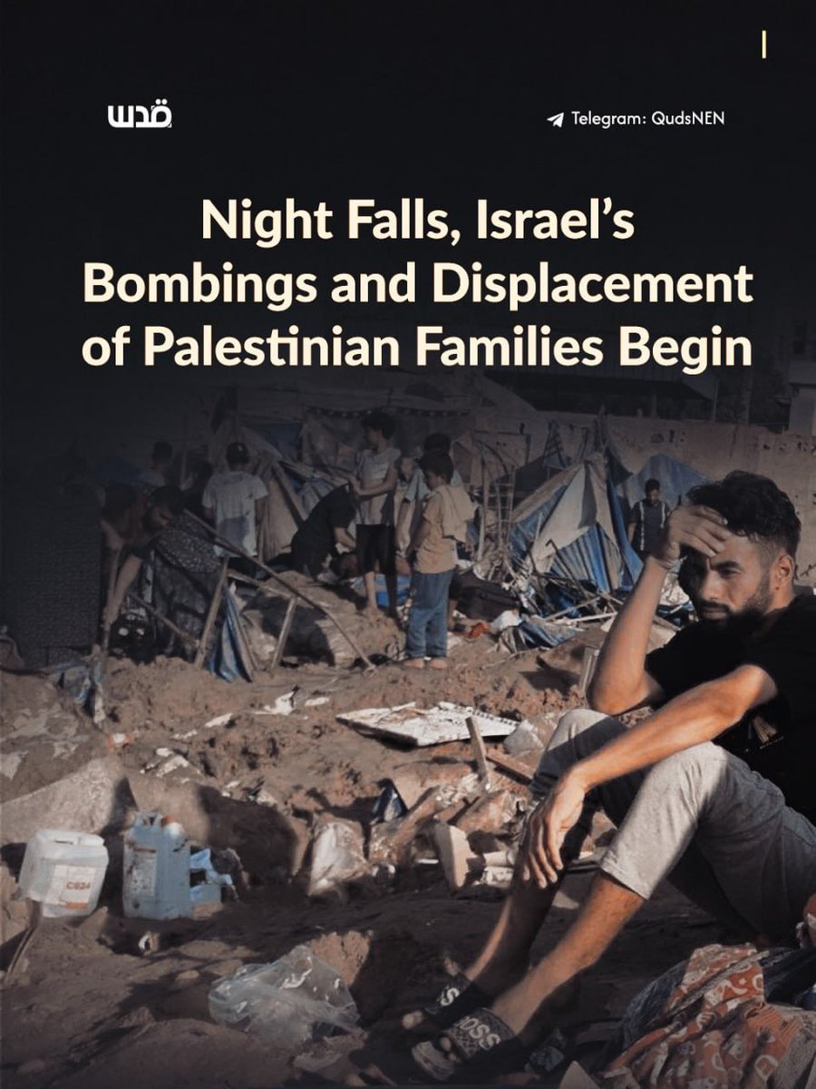 QudsNen's tweet photo. Night in the Gaza Strip is no longer a time for rest. For displaced families, it has become a recurring cycle of fear, forced displacement, and survival. With little warning, parents carry their children through darkness and rubble in search of safety, often ending up in overcrowded tent.