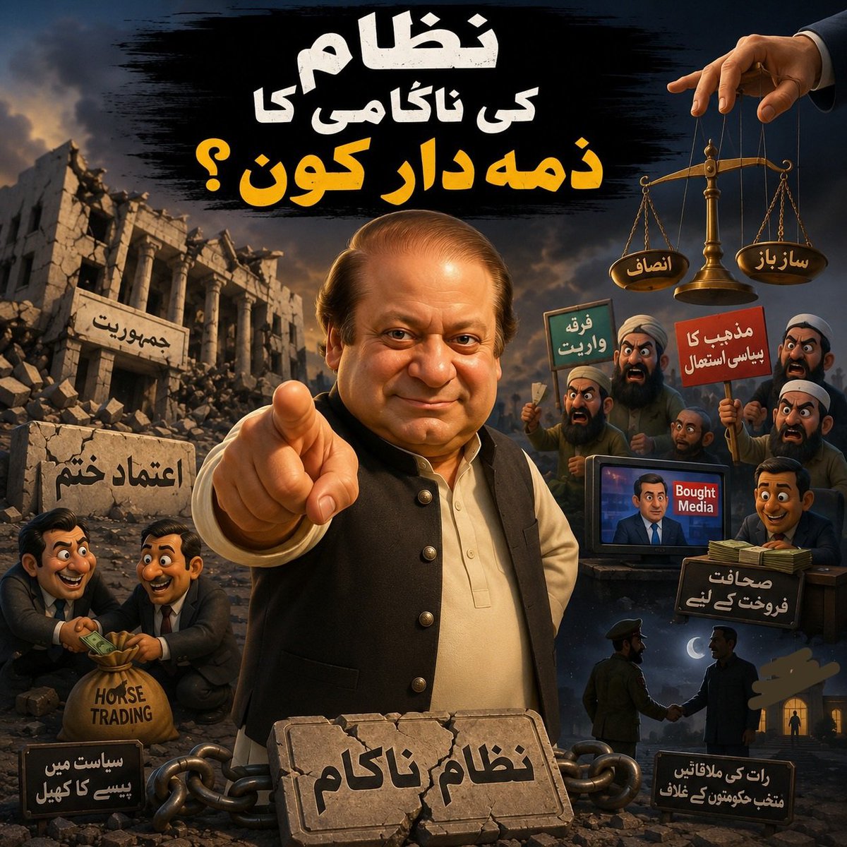 civilpakistani's tweet photo. محسن نقوی صاحب نے فرمایا ہے کہ "یہ نظام ناکام ہو چکا ہے۔" اگر ایک لمحے کے لیے ان کی بات مان بھی لی جائے تو پھر سوال یہ پیدا ہوتا ہے کہ اس نظام کی ناکامی کا سب سے بڑا ذمہ دار کون ہے؟

اگر گزشتہ کئی دہائیوں کی سیاست دیکھی جائے تو سوالات یہ ہیں:

نظام میں گالم گلوچ اور سیاسی نفرت کے کلچر کی بنیاد کس دور میں پڑی؟
صحافت کو دبانے یا خریدنے کے الزامات سب سے زیادہ کس حکومت پر لگے؟
خواتین کے خلاف ذاتی اور کردار کشی پر مبنی سیاست کو فروغ دینے کا الزام کس سیاسی قیادت پر بارہا عائد ہوا؟
سیاست میں مذہب کے استعمال کو فروغ کس نے دیا؟ 
فرقہ وارانہ اور مذہبی تقسیم پر مبنی سیاست کی سرپرستی کس نے کی؟ 
عدلیہ کے ساتھ ساز باز کر کے منتخب حکومتوں کو فارغ کروانے کا چلن کس نے ڈالا؟ 
منتخب حکومتوں کے مستقبل کے حوالے سے عسکری قیادت سے پس پردہ رابطوں کی سیاست کس نے شروع کی؟ 
پارلیمان کو بےتوقیر کرنے کا آغاز کس نے کیا؟ 
منتخب نمائندوں کی وفاداریاں تبدیل کروانے (Horse Trading) کی سیاست کی داغ بیل کس نے ڈالی؟ 
ریاستی اداروں کو سیاسی مخالفین کے خلاف استعمال کی ابتدا کس نے کی؟ 
احتساب کے نظام کو سیاسی مقاصد کے لیے استعمال کرنا کس نے شروع کیا؟ 
سرکاری وسائل اور ترقیاتی منصوبوں کو سیاسی وفاداریاں مضبوط کرنے کے لیے ہتھیار کس نے بنایا؟ 
اختیارات کو نچلی سطح تک منتقل کرنے کے بجائے بلدیاتی اداروں کو کمزور کون کرتا رہا؟ 
سیاسی مخالفین کے ساتھ مکالمے کے بجائے محاذ آرائی کی سیاست کو فروغ کس نے دیا؟ 
میڈیا پر دباؤ، بغاوت کے مقدمے، اشتہارات اور لائسنسنگ کے ذریعے اپنے آپ کو لیڈر اور مہاتما کس نے بنایا؟ 
بیوروکریسی کی سیاسی بنیادوں پر تقرریوں اور تبادلوں کے ذریعے اقتدار کو مضبوط کس نے کیا؟ 
نظام کی خرابیوں کی درج بالا وجوہات ہیں تو ذمہ داری کا تعین بھی اسی شخص کے ادوار کی حکمرانی اور سیاسی فیصلوں کی روشنی میں ہونا چاہیے جب نظام کو ناکام کرنے کے یہ اقدامات کیے گئے، نہ کہ صرف موجودہ حالات کو موردِ الزام ٹھہرا کر۔