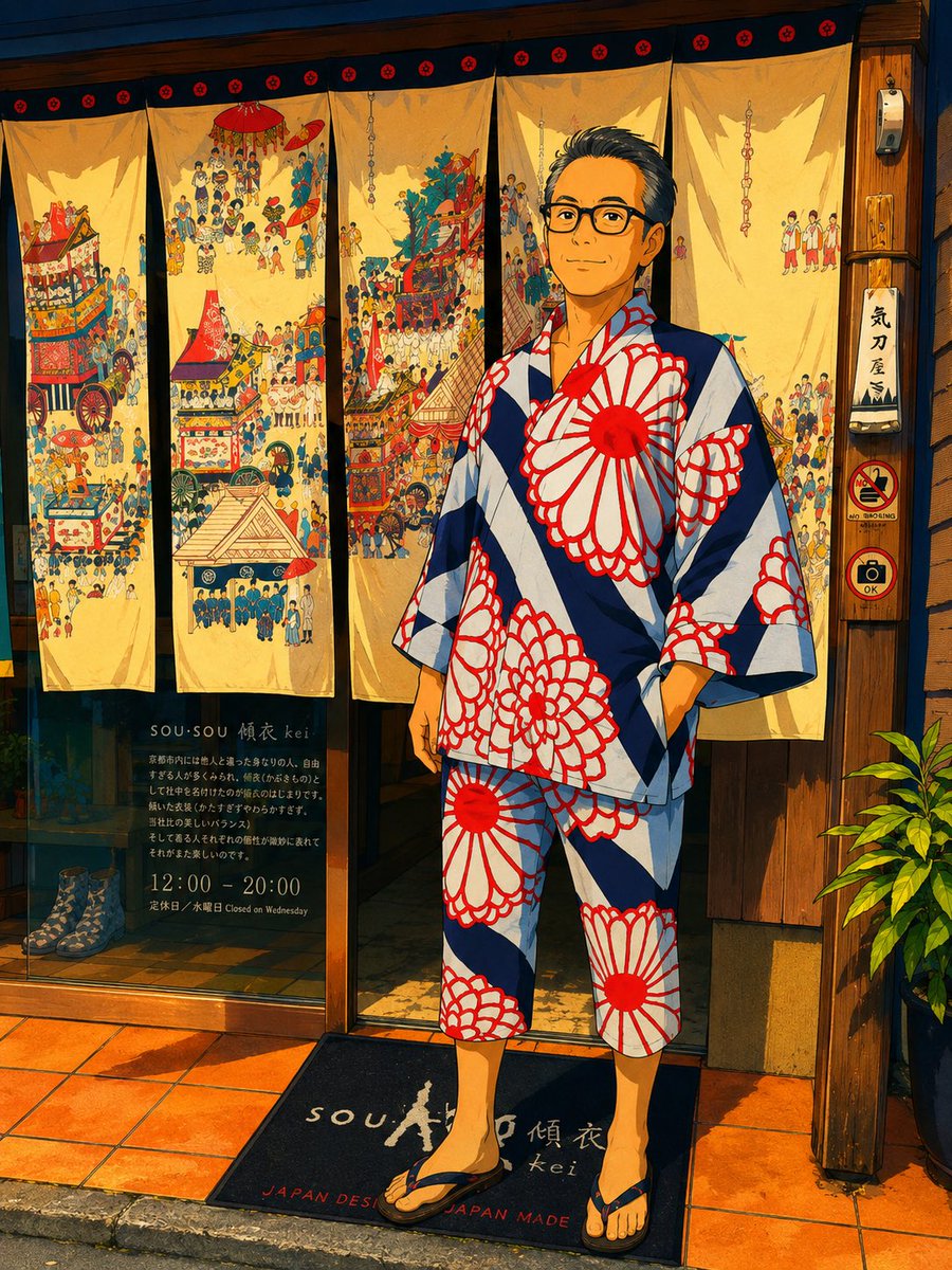 sakezan0's tweet photo. 今日、京都の和服ブランド「sousou傾衣」にて、菊丸と名付けられた装衣を買いました！
そのまま着替えて帰りましたが、人目を惹くのは想定以上でした❗️
傾いて歩くのも人生の一環かなと思って洒落た日々を楽しんでます☺️ https://t.co/V1WX5oh7ty
