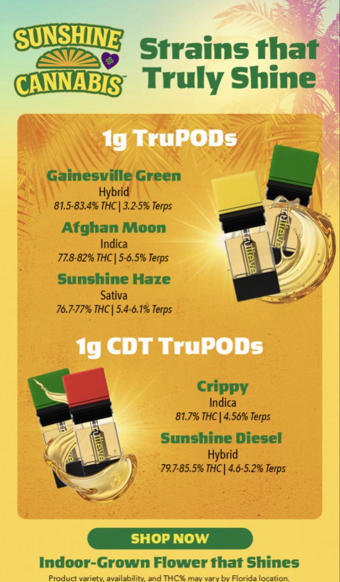 SunshineCannab2's tweet photo. Good morning #SunshineFam ☀️🫡. Check out fresh fire #SunshineCannabis medicine available now on the @Trulieve menu.💚☀️ Have a wonderful weekend everyone. 🔥🙏🏼🏆
Shop now 🛒👁️👁️ https://t.co/xEUf4SH0PR
#SunshineStateOfMind #Trulieve #FloridaFirst #OneLove https://t.co/3VzVXvlpcy