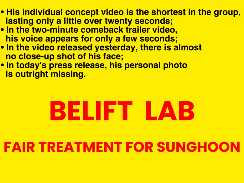 PSH_Snowland's tweet photo. @BELIFTLAB has been consistently leveraging the popularity of Hoonife to promote the comeback, yet it has been extremely negligent in its personal promotion of Sunghoon:

1. His individual concept video is the shortest in the group, lasting only a little over twenty seconds;
2. In the two-minute comeback trailer video, his voice appears for only a few seconds;
3. In the video released yesterday, there is almost no close-up shot of his face;
4. In today's press release, his personal photo is outright missing.

We urge @BELIFTLAB @ENHYPEN to immediately stop this differential treatment. We are not asking for special privileges for him; we only ask that he receive the respect and opportunities that a key member of the team deserves. Sunghoon has consistently contributed tremendous popularity to the team and has frequently delivered performances that exceed expectations. As a company, you should properly recognize his value and contributions, and give him fair treatment commensurate with what he has given.

TREAT SUNGHOON BETTER
#FAIRTREATMENTFORSUNGHOON 
#항상_성훈이를_지켜줄게
