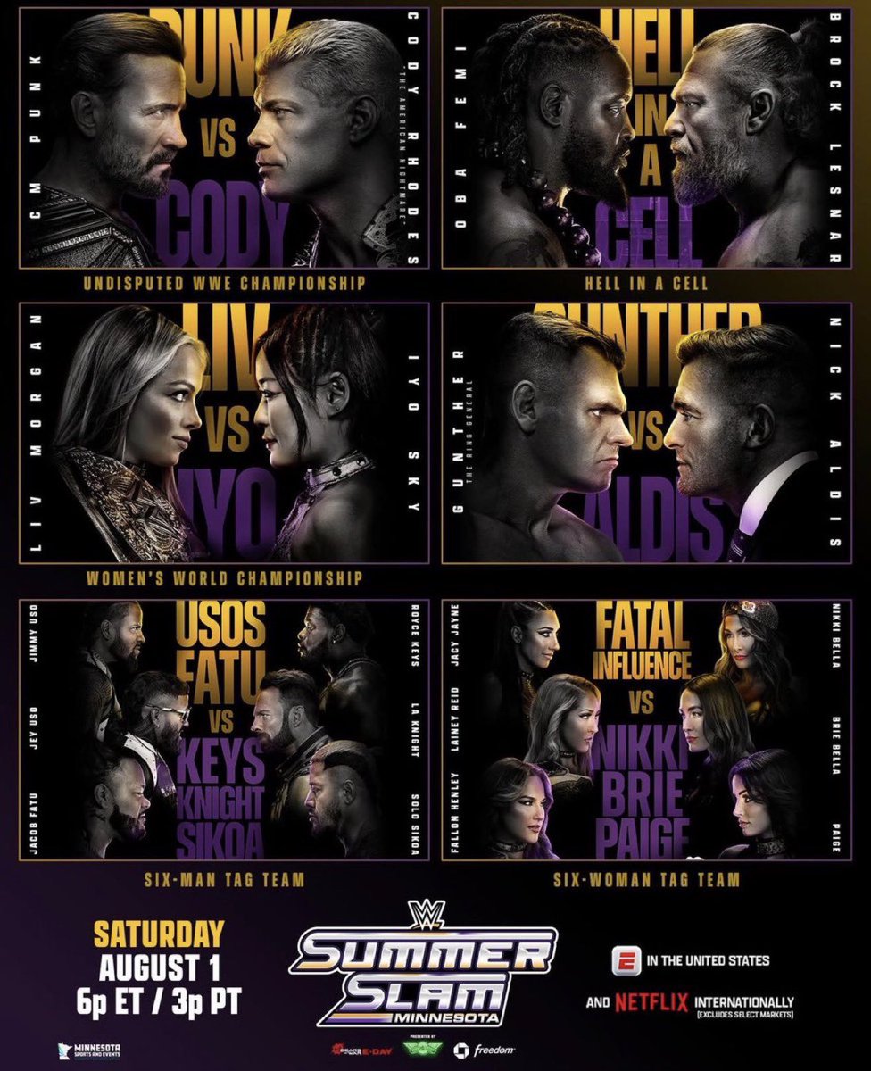 WrestlePurists's tweet photo. Set for WWE SummerSlam Night 1 tonight:

• CM Punk vs. Cody Rhodes for the Undisputed WWE Championship 

• Oba Femi vs. Brock Lesnar in a Hell in a Cell Match

• Liv Morgan vs. Iyo Sky for the Women’s World Championship 

• Gunther vs. Nick Aldis

• The Usos & Jacob Fatu vs. Royce Keys, LA Knight & Solo Sikoa

• Fatal Influence vs. The Bella Twins & Paige

#SummerSlam