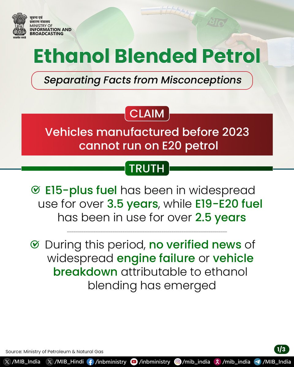 MIB_India's tweet photo. Debunking the myths!

E19-E20 fuel has been in use for over two and a half years. During this period, no verified news of widespread engine failure or vehicle breakdown attributable to ethanol blending has emerged.

Read more: https://t.co/6e3ZmGSvFk 

#E20 #EthanolBlending https://t.co/58mIiTmuww