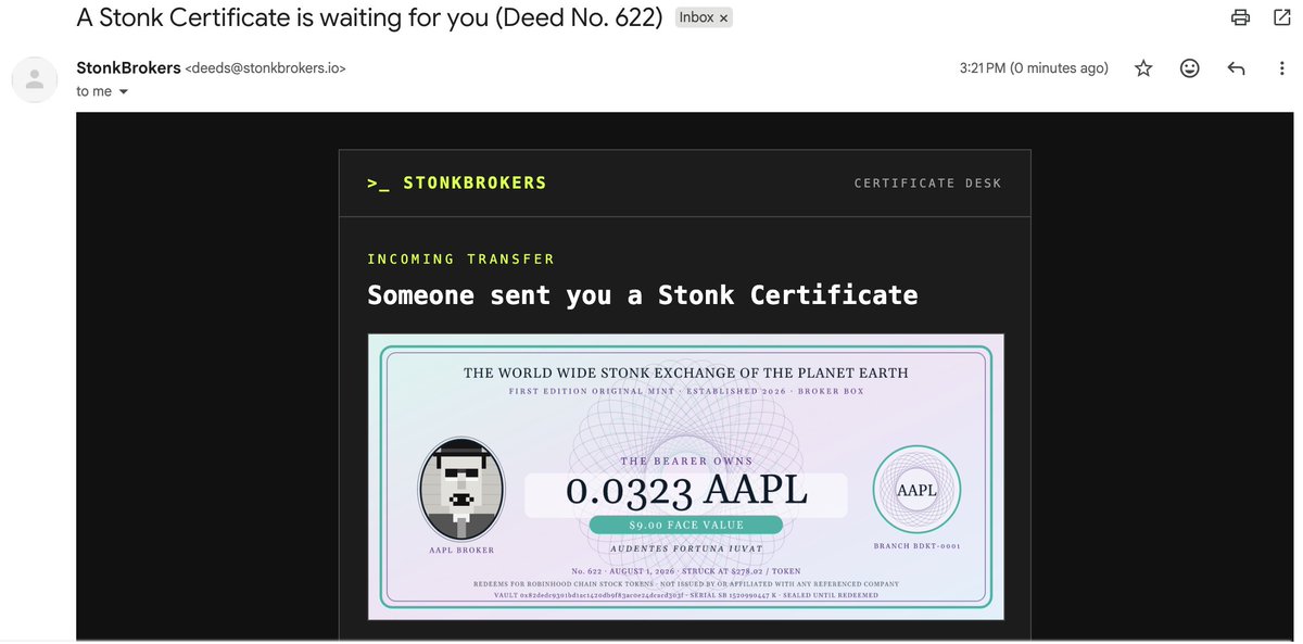 OxSimpleFarmer's tweet photo. In less than 12 hours since launch Broker Box has surpassed 2200 spins and 660 stock certificates minted on chain with real Robinhood Chain stock tokens inside.

But how do we scale distribution to retail consumers making web 3 technology more than just cool tech but instead a retail usable layer?

Today I added my favorite feature to date, you can now mint a stock certificate on Robinhood Chain and email the stocks as a gift to anyone. That person using @privy_io receives an email and is able to use their email address to onboard to web 3 directly claiming their stock certificate using a generated Privy wallet.

gud tech is useful scaleable tech.
