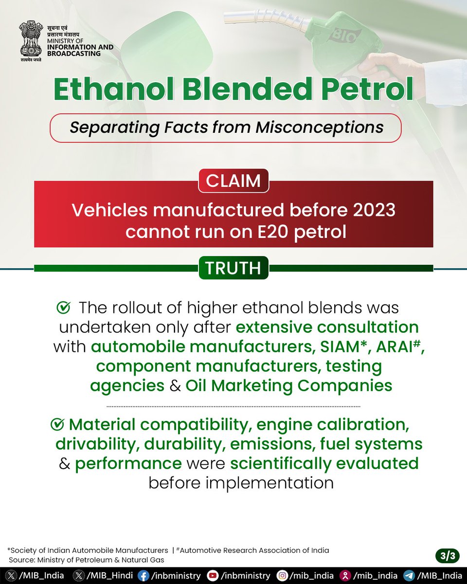 MIB_India's tweet photo. Debunking the myths!

E19-E20 fuel has been in use for over two and a half years. During this period, no verified news of widespread engine failure or vehicle breakdown attributable to ethanol blending has emerged.

Read more: https://t.co/6e3ZmGSvFk 

#E20 #EthanolBlending https://t.co/58mIiTmuww