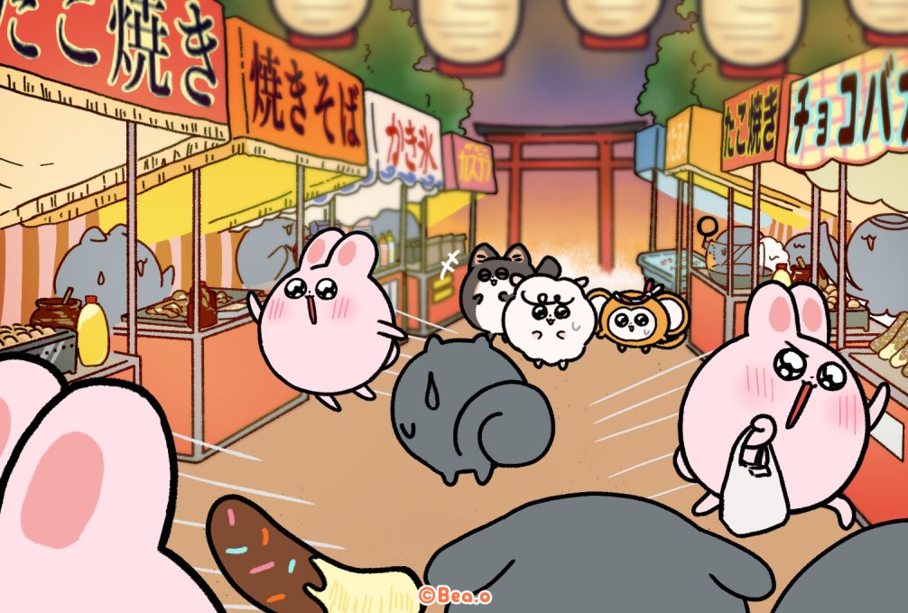 watamaru_beao's tweet photo. 花火大会すっごく楽しかったよ🎆🐑

うさまるはたくさん屋台で食べ物買ってた！わたまるもわたあめ買ったよ〜

ドーン！って音がして空を見上げたら、見たことないくらい大きな花火。

みんなで並んで花火を見上げた後ろ姿だよ。
楽しすぎて、ちょっとだけ寂しくなっちゃったのはひみつ…
#わたまる https://t.co/MnisBqqflJ