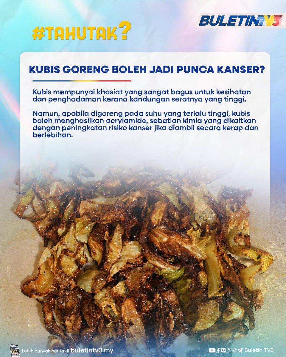 BuletinTV3's tweet photo. Kubis goreng, ayam bakar atau sate sememangnya menyelerakan, namun makanan yang dimasak pada suhu tinggi berpotensi menghasilkan sebatian yang boleh menjejaskan kesihatan jika kerap diambil.

Nikmati makanan kegemaran anda secara sederhana dan seimbangkan dengan pengambilan buah-buahan serta sayur-sayuran untuk kesihatan yang lebih baik.

#TahuTak #BuletinTV3 #KubisGoreng #AyamGepuk #Acrylamide