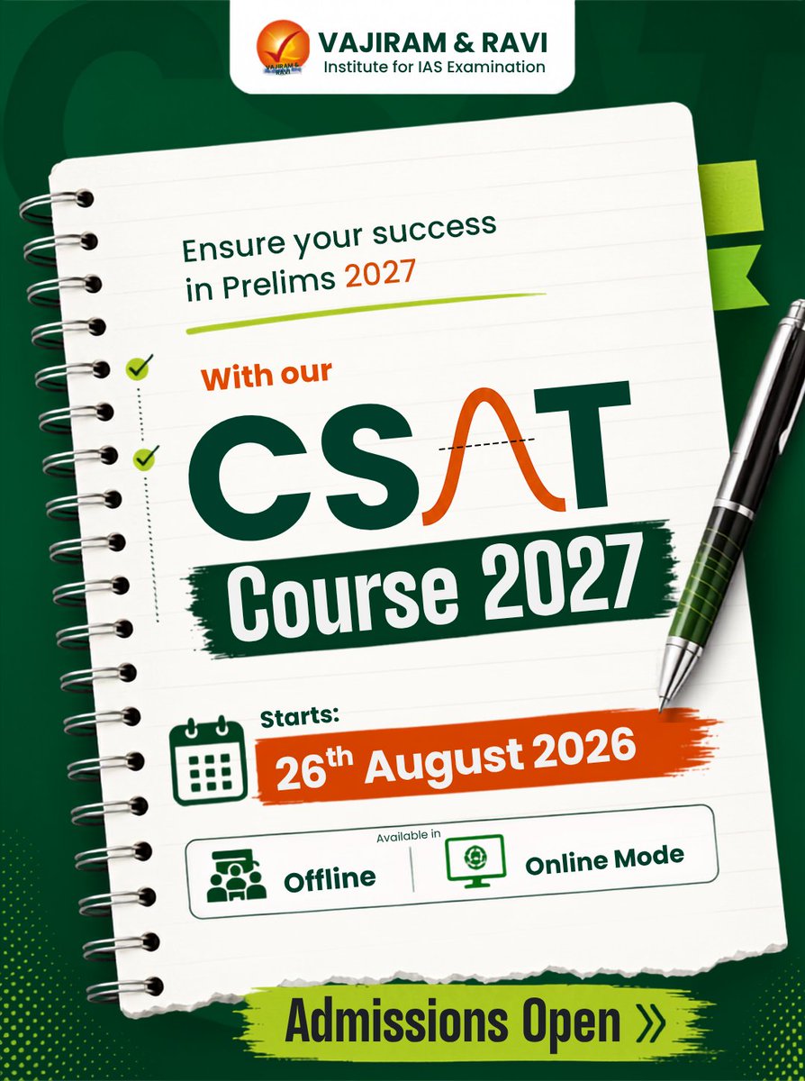 VajiramRavi's tweet photo. 📘 CSAT is not just a qualifying paper—it's the gateway to Prelims success.

Build a strong foundation with Vajiram &amp; Ravi's CSAT Course 2027

📅 Starts: 26th August 2026
📍 Mode: Offline &amp; Online

📞 For more details, contact: 080-622-063-30

#CSAT2027 #UPSC2027 #VajiramAndRavi https://t.co/gc7i4hgrR3