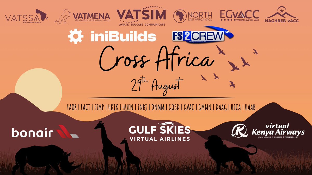 vatsim's tweet photo. Bookings are now open! Head over to https://t.co/ZcKDUyCiYV to get your slot. With over 500 slots available expect busy skies with another unforgettable Cross Africa experience! https://t.co/FXLizNyLmN