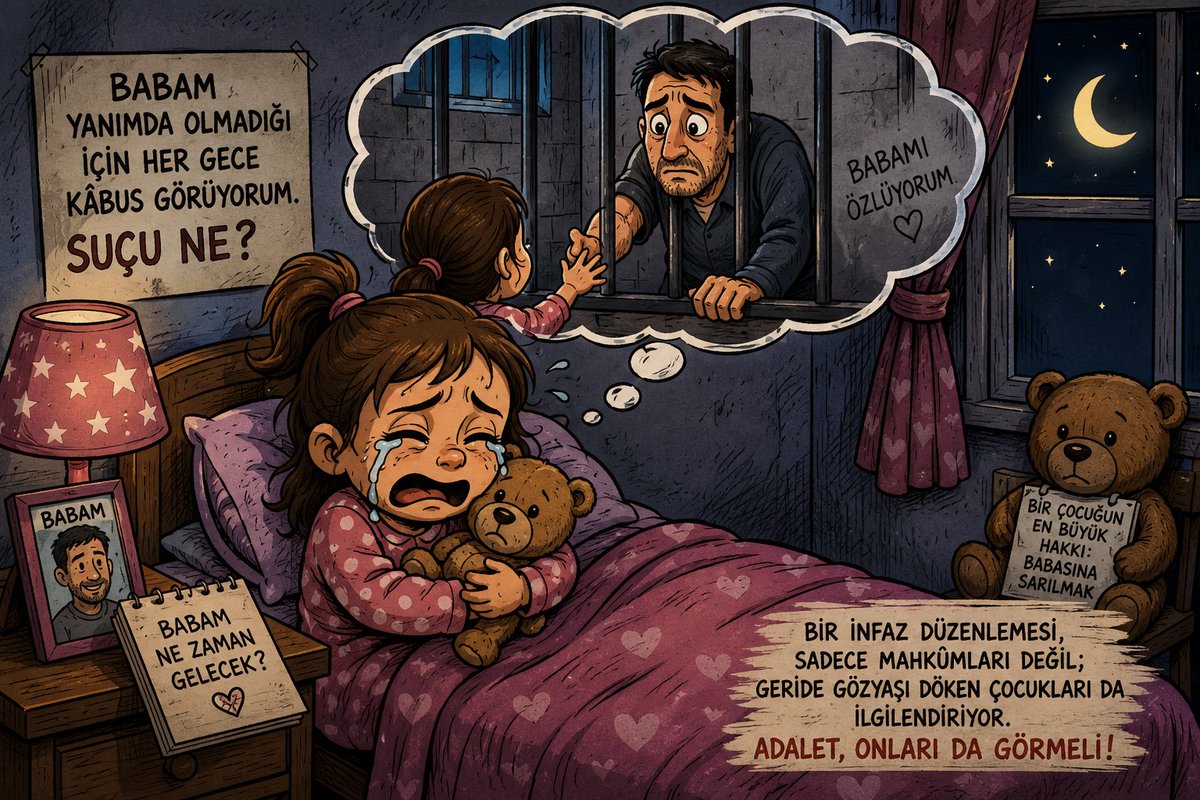 blackritim's tweet photo. Bir kız çocuğu düşünün… Babası cezaevinde olduğu için her gece kâbus görüyor, ağlayarak uyanıyor. Suçu ne? Sadece babasını özlemek. Bir infaz düzenlemesi, yalnızca mahkûmları değil; geride gözyaşı döken çocukları da ilgilendiriyor. Adalet, onları da görmeli.
@YildizFeti https://t.co/fMttxBeUpw