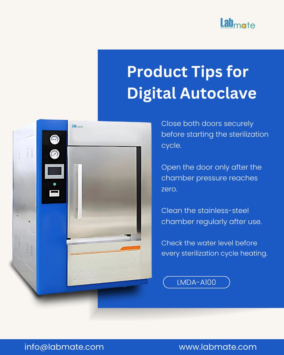 labmateINC's tweet photo. Digital Autoclave LMDA-A100: 280L chamber ✅ 134°C working temp ✅ computer-controlled cycles ✅ drying function. Built for lab, medical & research sterilization.
info@labmate.com
Learn more: https://t.co/QFhfmUFr6s
#Labmate #DigitalAutoclave #SteamSterilization #LabAutoclave https://t.co/x70BaRtO1z
