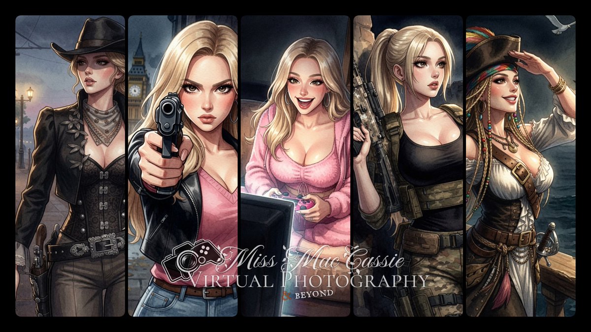 MissMacCassie's tweet photo. Hello, my dears! A new month means a new #headerphoto. As always, four games, but this time—instead of four virtual photos—four of my in-game alter egos in the form of fan art. I’ll share the full illustrations next week. Have a nice day and take care 🫶🥰 https://t.co/ZSzaWWNIZV