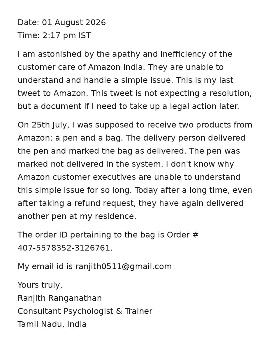 _The_Trainer's tweet photo. @nch1915  @jagograhakjago @JoshiPralhad @amazonIN   @AmazonHelp  4 calls, an escalation officer, a chat agent. Not one took responsibility. Forget resolving it, they haven't even understood the issue — every agent just wanted to finish off the call or chat at their end without resolving anything.(Using these hashtags so other customers know too #AmazonPrimeDay #AmazonIndia #Aurafarming #Trendingreel #SpeciallyForYou)