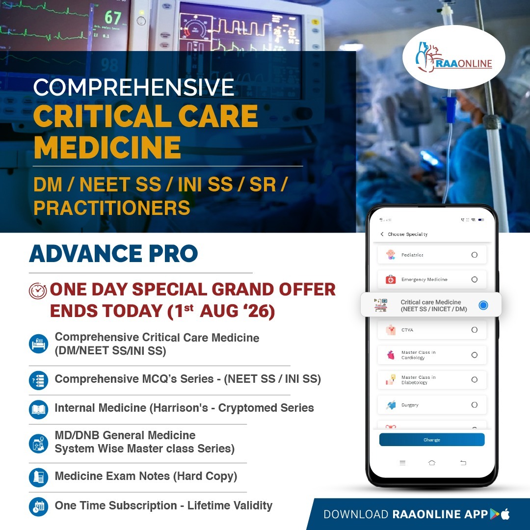 Raaonline's tweet photo. 💥 CRITICAL CARE MEDICINE - ONE-DAY SPECIAL GRAND OFFER ENDS TODAY!
📅 Valid: 1st AUGUST 2026
👉 Android: https://t.co/fSlaHVpc0T
👉 iOS: https://t.co/oJAMS4dSCa📞 For More Details: +91-9994994266
#DMCriticalCare #CriticalCareMedicine #CriticalCareLife #NEETSS #MedicalPG https://t.co/PNFjqzI33d