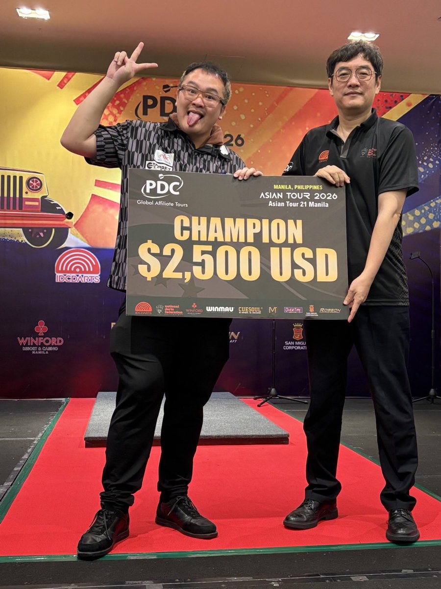 TargetDartsJP's tweet photo. 🎯PDC ASIAN TOUR
STAGE 21 MANILA🇵🇭

WINNER🏆Mathew Lee 選手
TOP 4 ✨ 村松治樹 選手

Congratulations, Mathew!🎊

村松治樹選手も昨日に引き続き
好調をキープ💪🏼
酒井素選手はTOP 8でした👽

STAGE 22も
Keep hitting the mark! 🎯

#TeamTarget https://t.co/7pI2pPo08O