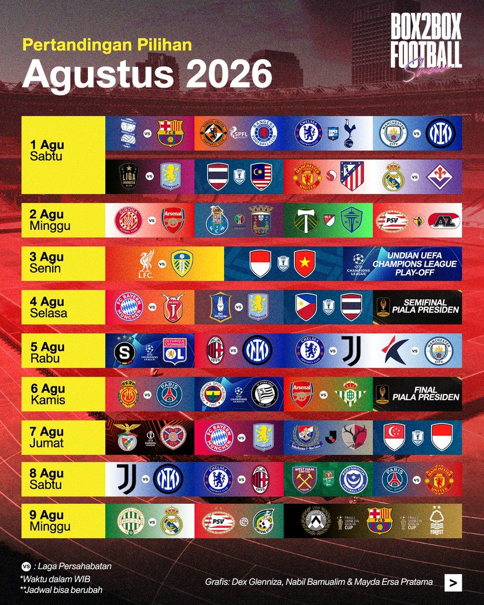 Box2BoxBola's tweet photo. Jadwal Sepak Bola Agustus 2026 🔥

Bulan yang ditunggu akhirnya tiba. Musim 2026/27 resmi bergulir! ⚽

Bookmark, repost, &amp; share postingan ini! Jangan sampai ada yang kelewatan! 📲 https://t.co/RWpFb07zB0