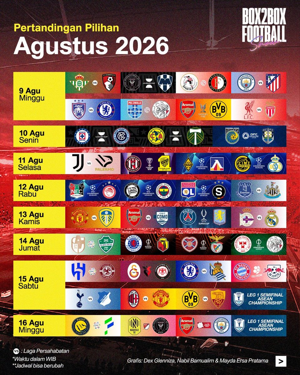 Box2BoxBola's tweet photo. Jadwal Sepak Bola Agustus 2026 🔥

Bulan yang ditunggu akhirnya tiba. Musim 2026/27 resmi bergulir! ⚽

Bookmark, repost, &amp; share postingan ini! Jangan sampai ada yang kelewatan! 📲 https://t.co/RWpFb07zB0