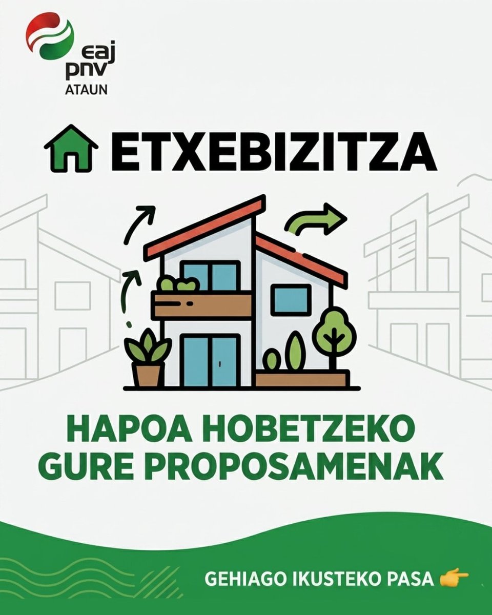 ataun_eajpnv's tweet photo. π #Etxebizitza gehiago... baina baita hobeak ere.
EAJren ustez, etxebizitza politika ez da etxe berriak egitea bakarrik. Lehendik ditugun etxebizitzak ere bizigarriagoak izan behar dira.
Horregatik, HAPOA hobetzeko hainbat proposamen aurkeztu ditugu.
#Ataun #HAPOA #EAJPNV https://t.co/3yLdhDg5mm