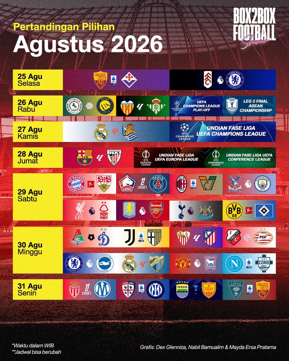 Box2BoxBola's tweet photo. Jadwal Sepak Bola Agustus 2026 🔥

Bulan yang ditunggu akhirnya tiba. Musim 2026/27 resmi bergulir! ⚽

Bookmark, repost, &amp; share postingan ini! Jangan sampai ada yang kelewatan! 📲 https://t.co/RWpFb07zB0