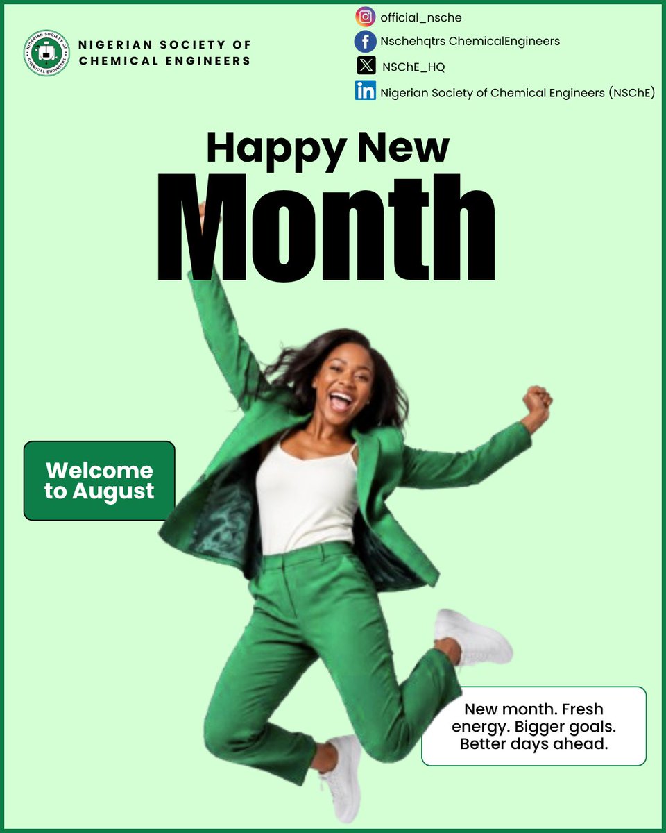 NSChE_HQ's tweet photo. ♾️ Month 8. Infinite possibilities.
⚙️May August bring new ideas, greater impact, and continued progress as we engineer solutions for a better tomorrow. Happy New Month from NSChE! 💚#HelloAugust #NSChE #ChemicalEngineering #EngineeringExcellence https://t.co/uutnDlLqLF