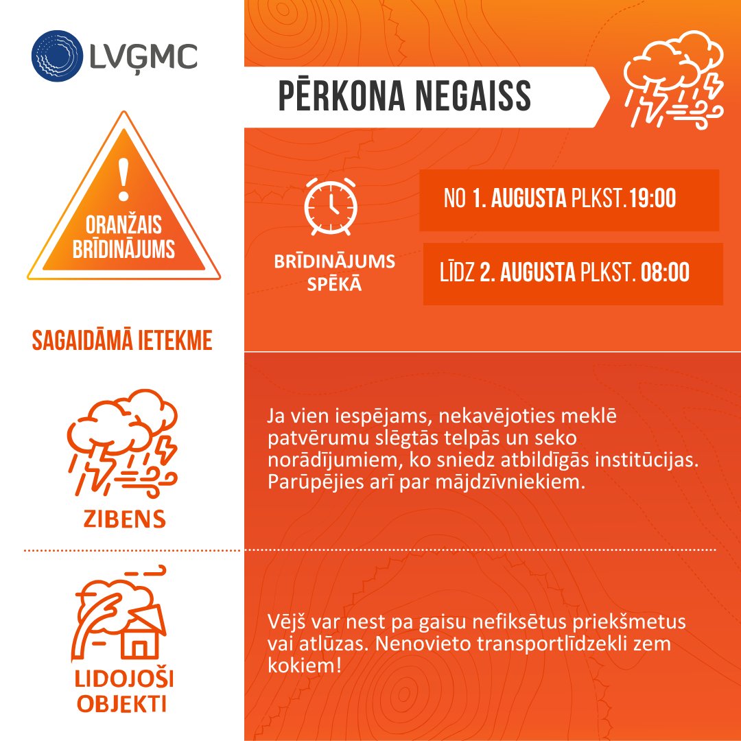 LVGMC_Meteo's tweet photo. 🟡🟠Vakarā daudzviet Latvijā gaidāms  pērkona negaiss ar stiprām lietusgāzēm, vietām arī ar krasām vēja  brāzmām līdz 15-16 m/s, savukārt Latvijas austrumu rajonos pērkona  negaisu pavadīs ļoti stipras lietusgāzes, iespējama arī lielgraudu  krusa.
⚠️ https://t.co/6fNqDaC9RU https://t.co/WDEHBAy7Nl