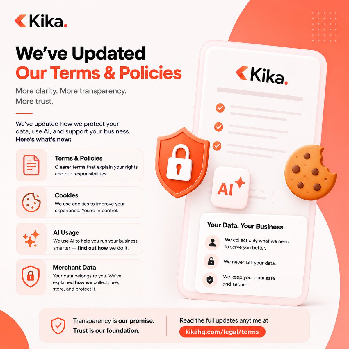use_kika's tweet photo. As Kika grows, so does our responsibility.
We've updated our Terms &amp; Policies to clearly explain how we use AI, handle cookies, and collect, use, and protect merchant data.

Trust starts with transparency. It’s how we build.
Read more: https://t.co/f8c9G1aivq https://t.co/zzuXryl0Ar
