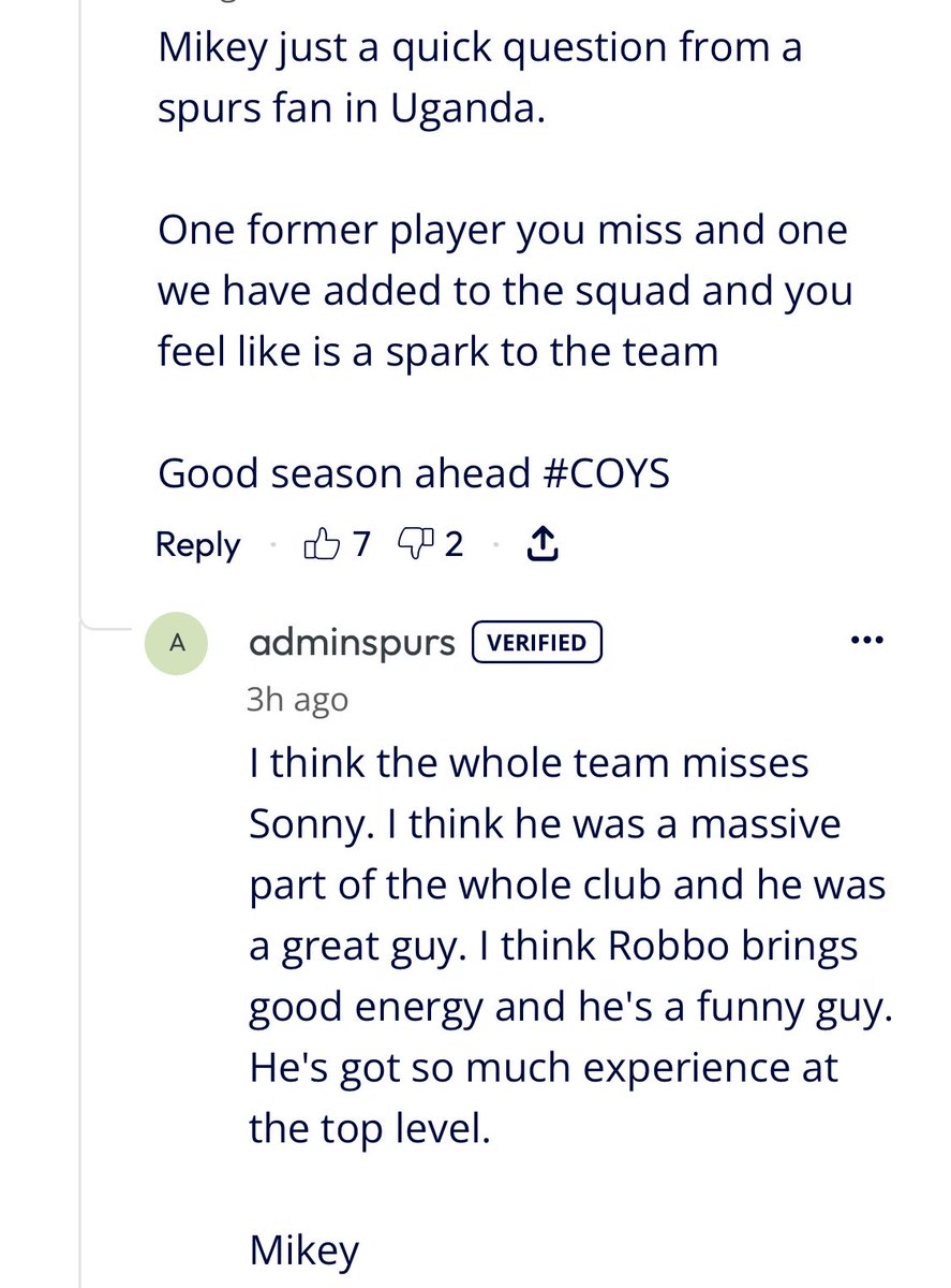 librarygreenie's tweet photo. moore answering fan questions!

👤one former player you miss 
mm: i think the whole team misses sonny i think he was a massive part of the whole club & he was a great guy.

👤growing up who was your favorite spurs player
mm: mine was sonny, similar positions & obviously it was great to then be able to play with him as well 

👤best 5 spurs players of all time 
mm: gazza, bale, kane, sonny, ledley king

👤favourite player you have enjoyed playing with 
mm: my favourite player that I’ve played with would be sonny again sonny is a fan favorite…