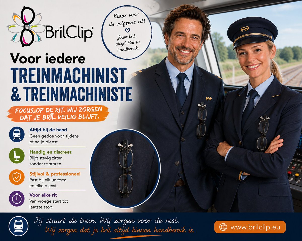 BrilClip's tweet photo. 🚆 Voor iedere treinmachinist en treinmachiniste.
Werk je bij #NS #Arriva #Keolis #Qbuzz #Connexxion #Hermes #EBS #GVB #RET #HTM #Prorail of een andere OV-vervoerder?
👓 BrilClip – de handige brilhanger
Bril altijd binnen handbereik.
Praktisch tijdens iedere dienst. https://t.co/jko9zwaJ01