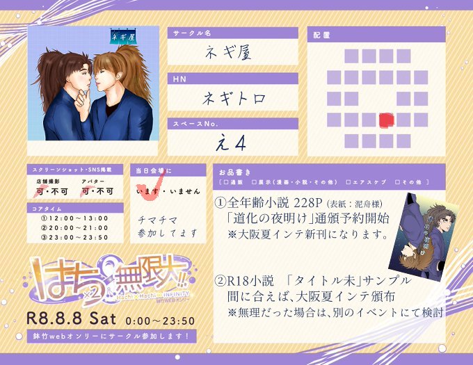 haginegitoro03's tweet photo. #はち８インフィニティ_サークル参加
鉢竹webオンリー 
え4　ネギ屋  
①大阪夏インテ小説の新刊事前通頒
②🔞小説展示（※二冊目になればいいな）
とても楽しみにしてました。
よろしくお願いいたします。 https://t.co/kQ3K0v4aWs
