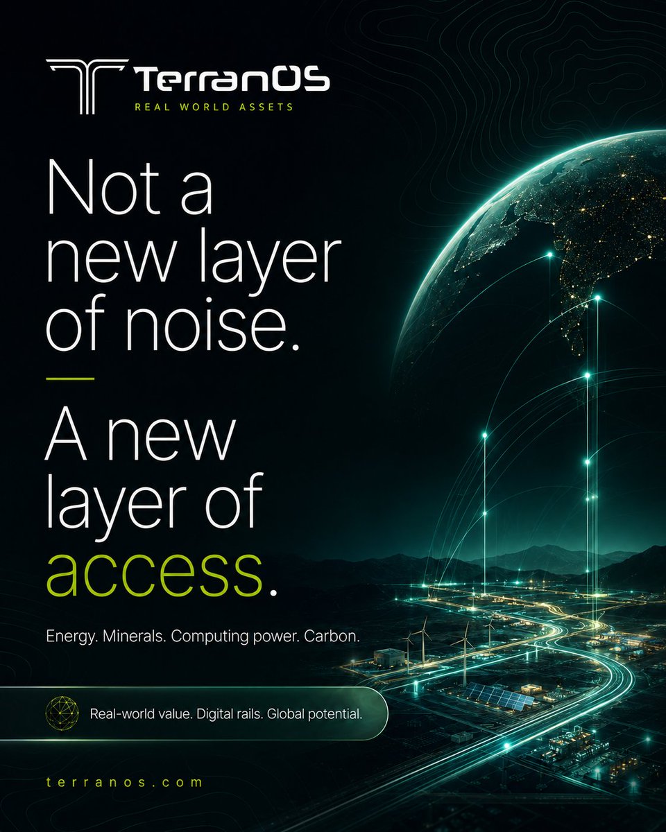XTerranOS's tweet photo. The future of infrastructure won’t be built by choosing between the physical world and the digital one.
It will be built by connecting them.
Energy. Minerals. Computing power. Carbon.
Real assets with real utility, made more transparent, accessible and easier to move across borders.
That’s the shift TerranOS is building for.
Not a new layer of noise.
A new layer of access. 🌍
Real-world value. Digital rails. Global potential.
