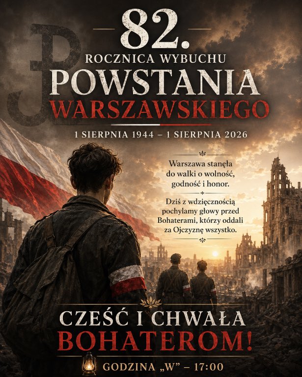 veritasetius's tweet photo. Na 82. rocznicę wybuchu Powstania Warszawskiego:

🇵🇱 1 sierpnia 1944 roku Warszawa stanęła do walki.

Stanęli do niej ludzie bardzo młodzi — pełni marzeń, planów i nadziei. Zamiast spokojnej przyszłości wybrali służbę, poświęcenie i walkę o wolną Polskę.

Przez 63 dni bronili nie tylko miasta. Bronili godności, honoru i prawa Narodu do życia we własnym, niepodległym państwie.

Dziś, w 82. rocznicę wybuchu Powstania Warszawskiego, zatrzymajmy się na chwilę. Pomyślmy o tych, którzy nie wrócili do swoich domów, o rodzinach, które straciły najbliższych, i o Warszawie, która zapłaciła niewyobrażalną cenę.

O godzinie 17.00, w godzinę „W”, niech zamilkną codzienne spory. Niech pozostaną pamięć, wdzięczność i szacunek.

Bo wolność nie jest dana raz na zawsze.
Jest zobowiązaniem wobec tych, którzy oddali za nią wszystko.

Cześć i chwała Bohaterom!
Wieczna pamięć Powstańcom Warszawskim! 🇵🇱